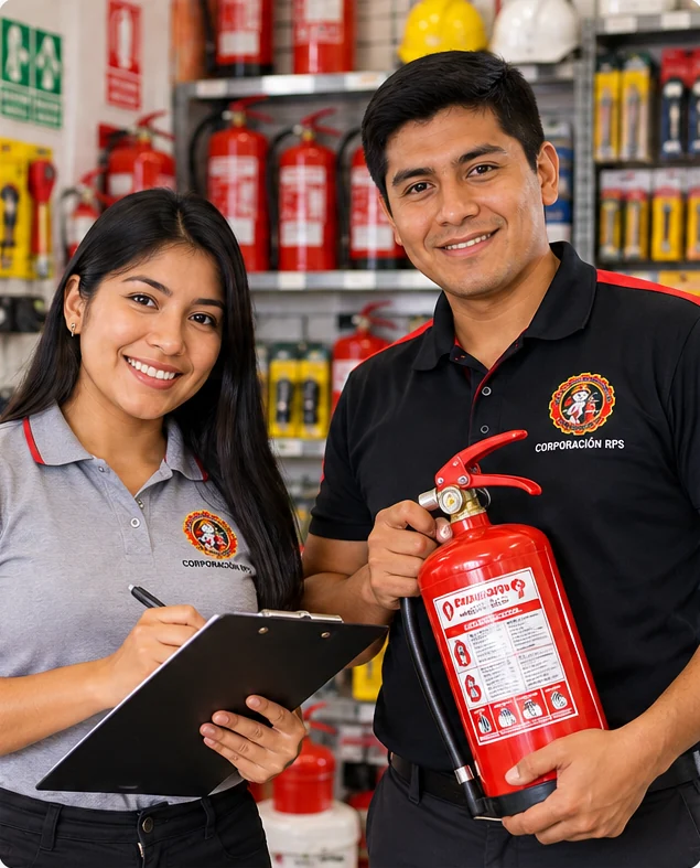 Imagen ilustrativa de dos colaboradores de Coorporación RPS en una tienda de seguridad industrial y extintores